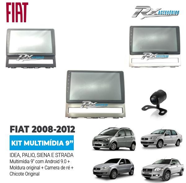 Kit Multimídia Fiat Idea, Palio, Siena, Strada 2008 até 2012 – 9” Android+moldura+câmera Ré