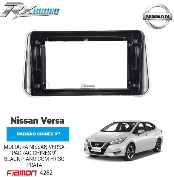 Moldura 9 Polegadas Fiamon para Nissan Versa (2021 em diante) - Black Piano com Friso Prata